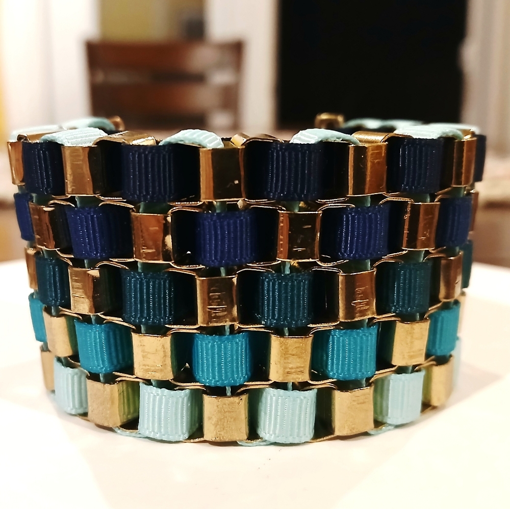 Vintage Gold Tone and Blue Ribbon Woven Bracelet